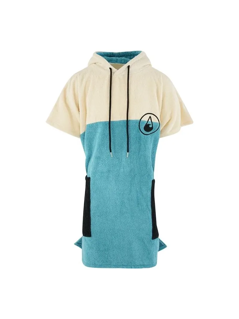 Poncho plaja dama colorat, pentru plaja, scuba sau surfing, culoare alb-crem, albastru, cu buzunare negre