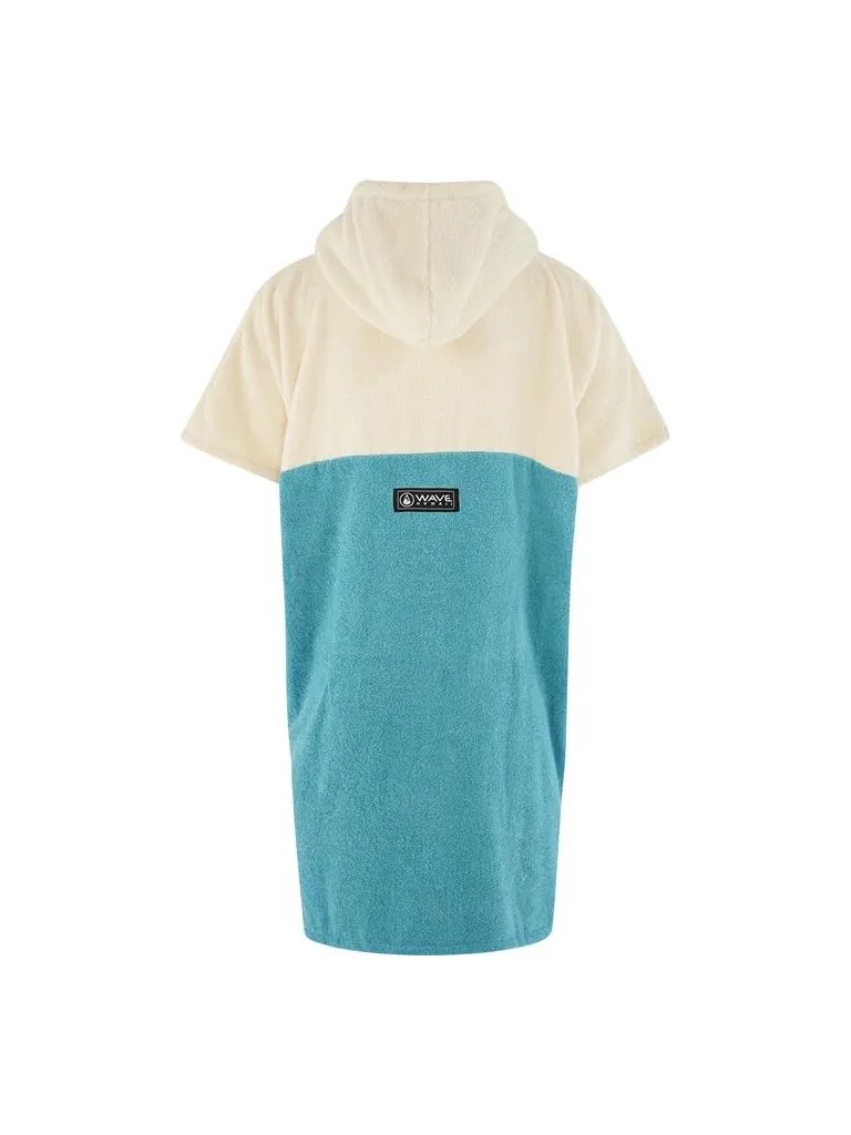 Poncho plaja dama colorat, pentru plaja, scuba sau surfing, culoare alb-crem, albastru, cu buzunare negre